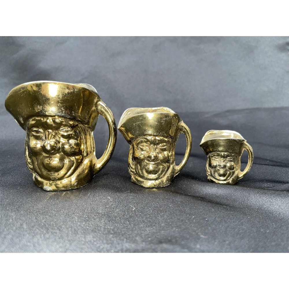 Set of 3 Small Toby Brass Metal Man Face Head Mugs Cups with Hat , Vintage UK